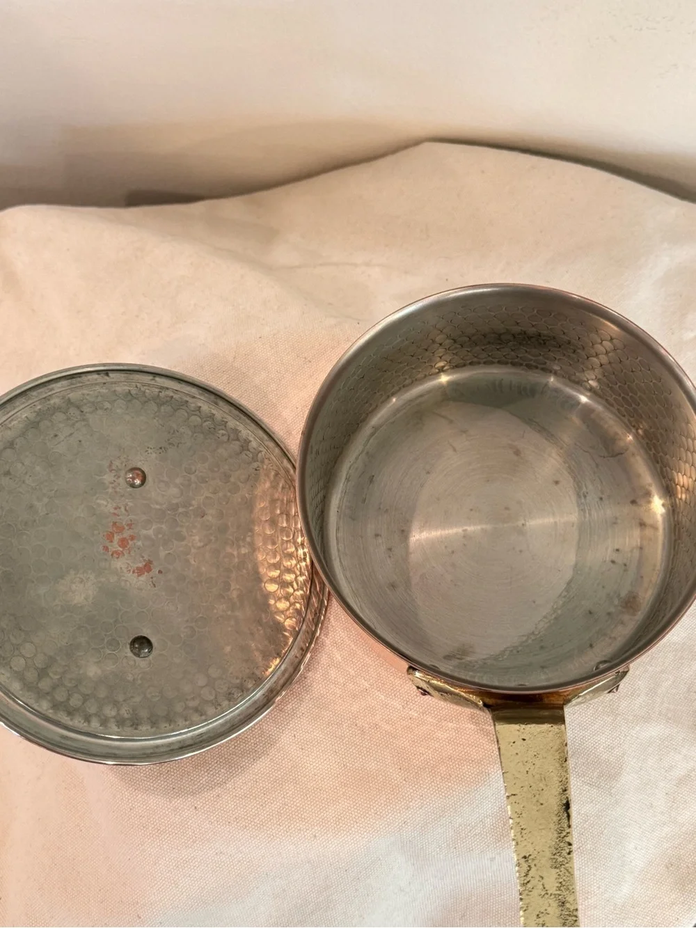 Vintage Copper Hammered Saucepan with lid and Brass Handle stainless steel lined